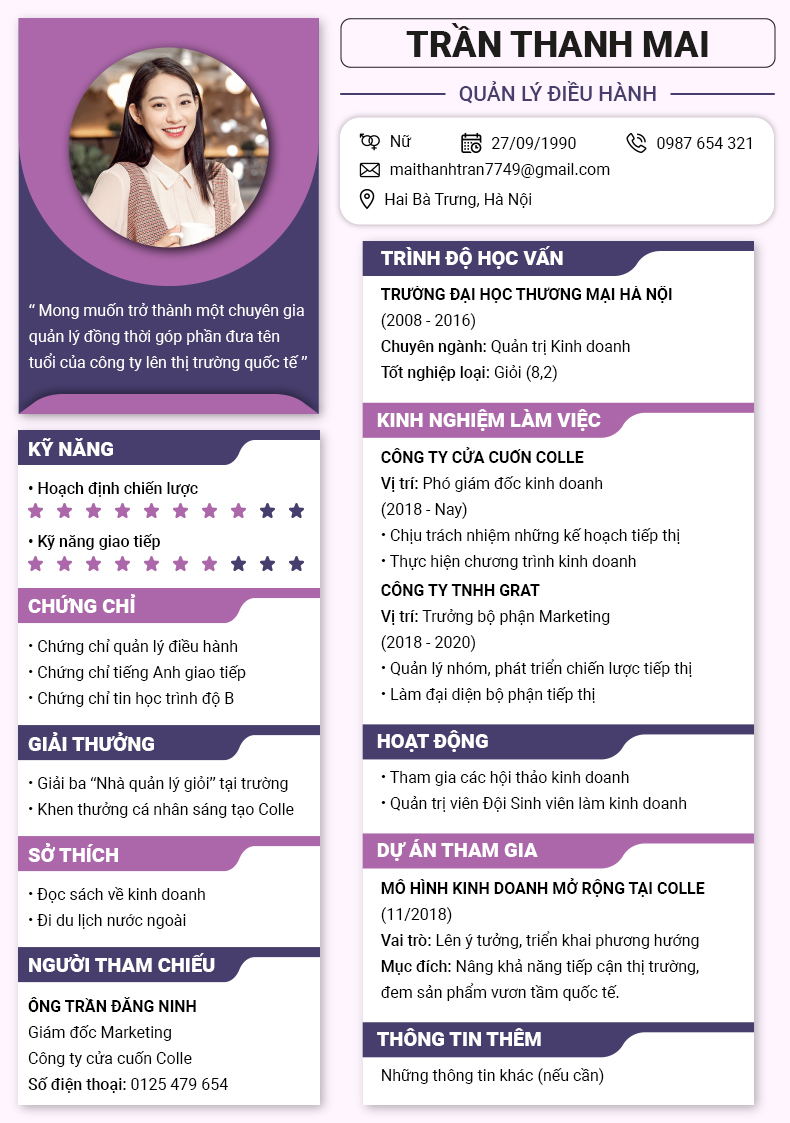 mẫu CV quản lý điều hành